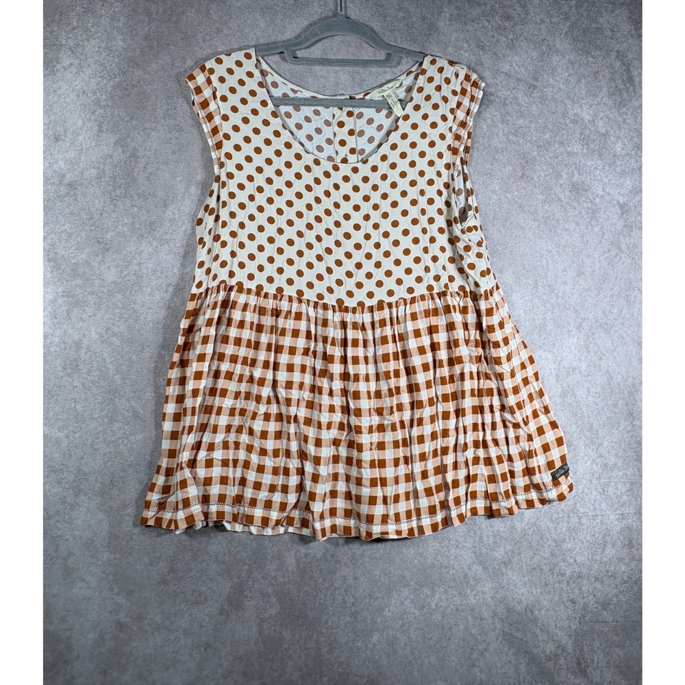 Matilda Jane Top Womens 2XL Brown Polka Dot Gingham Mixed Media Peplum Tank Boho
